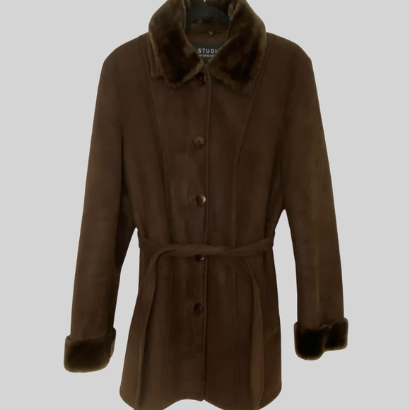 Liz Claiborne Dark Brown Faux Fur Lined Belted Fall Casual  Coat- Sz-M - Picture 1 of 16